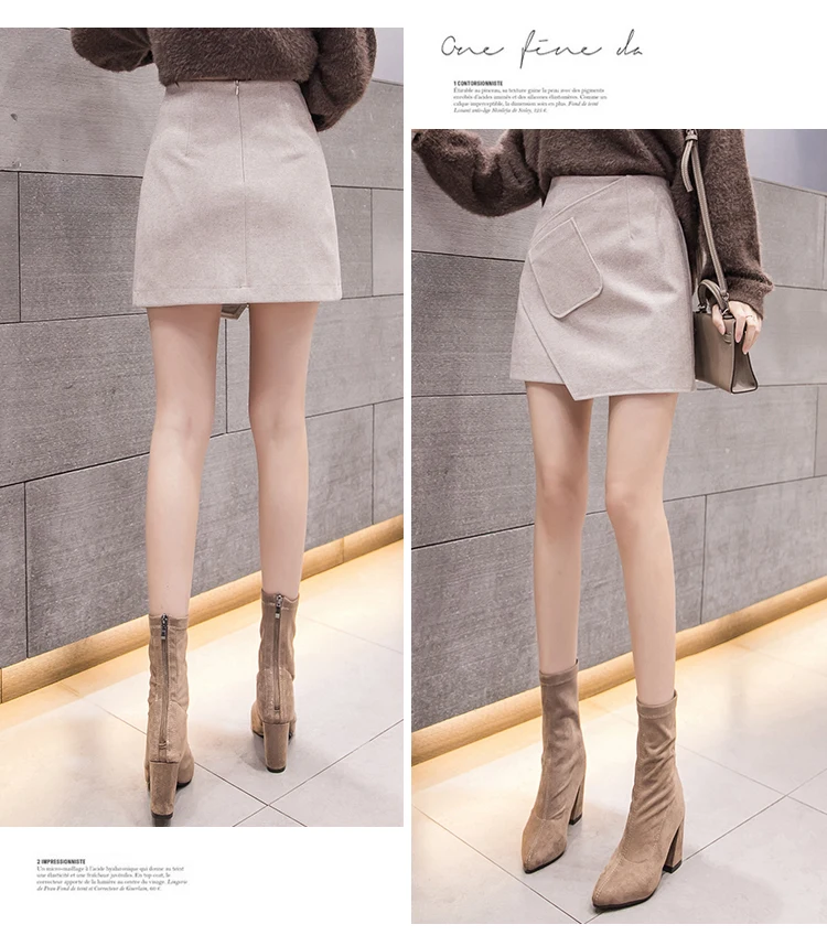 winter woolen mini sexy skirt womans fashion asymmetrical skirts female stripe patchwork pocket elegant black jupe femme