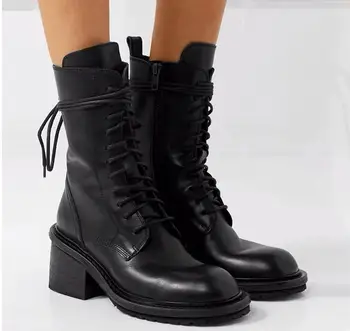 

Fashion Leather Ankle Boots for Women Ladies Lace Up Shoes Woman Party Wedding Pumps Motorcycle 7.5CM Martin Boot