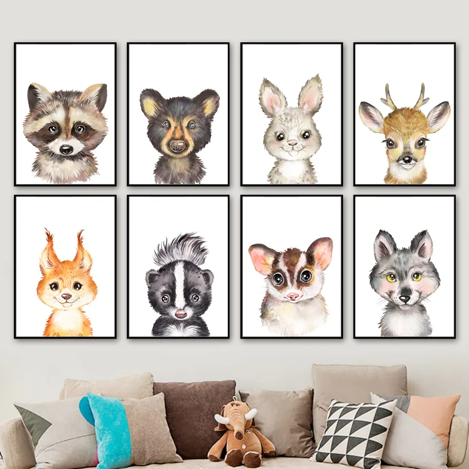 

Raccoon Rabbit Deer Wolf Lynx langur Nursery Wall Art Canvas Painting Nordic Posters And Print Wall Picture Baby Kids Room Decor