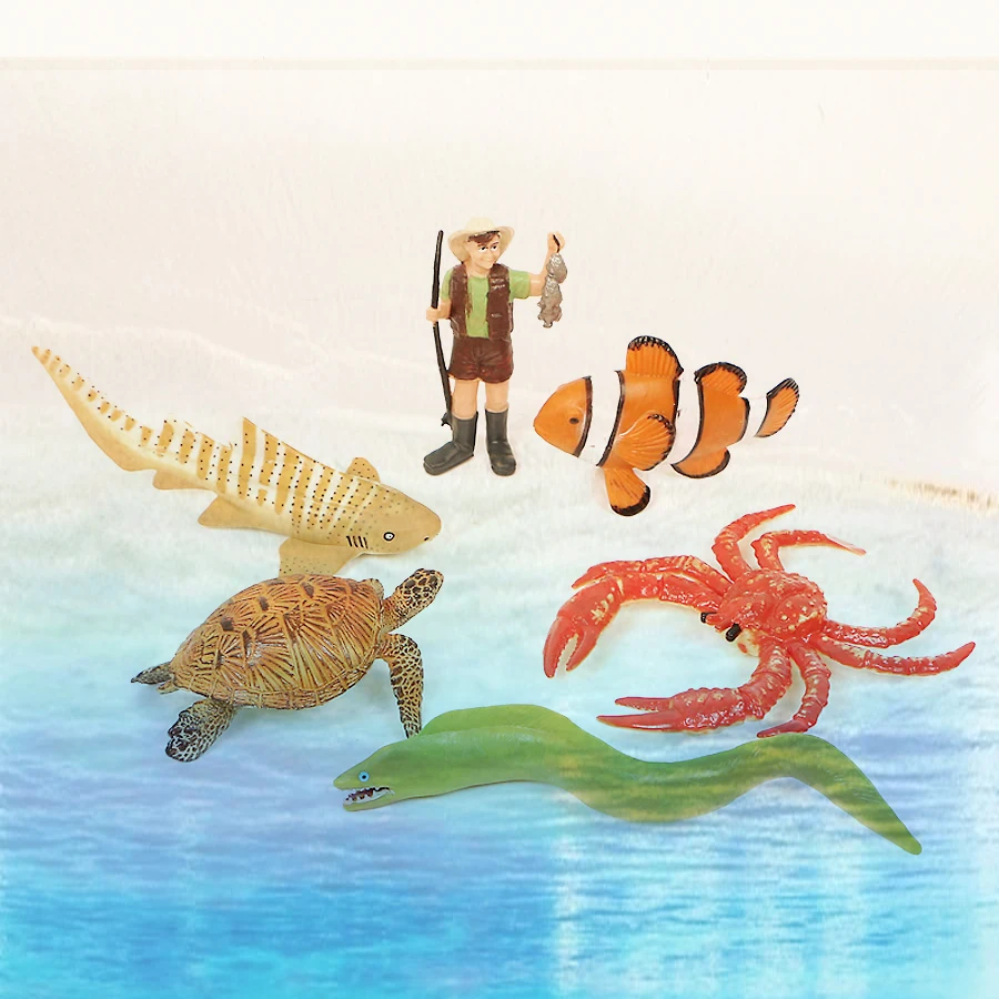 

Ocean Animals Fisherman with Zebra shark Crab Turtle Model Sea Life Figure Figurines Ocean Marine Miniature Education Toys