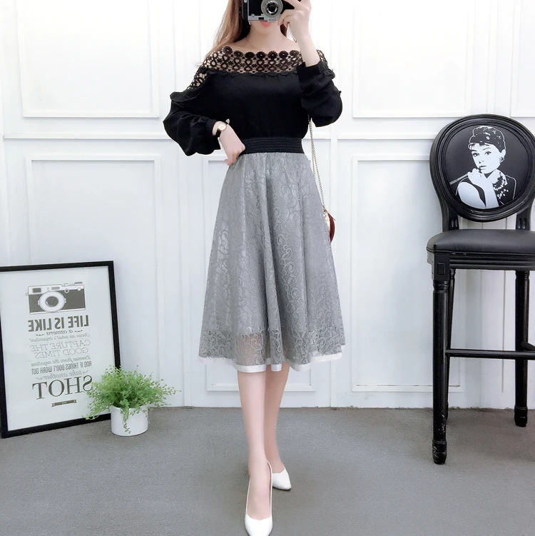 BLLOCUE New 2020 High Waist Mesh Fluffy Skirt Spring Women Fashion Hollow Lace A-line Midi Skirt nike skirt