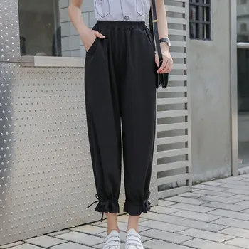 

Elastic Waist Harem Pants Solid Pockets Ankle Length Pants Vintage Women Fashion String Ruffles Bottom Pencil Trousers