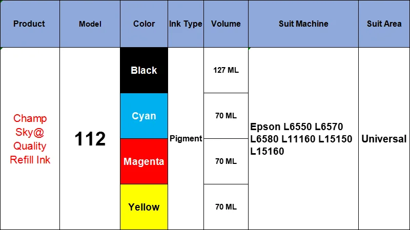 SKY Quality Refill Ink For 112 T112 For Epson L6550 L6570 L6580 L11160 L15150 L15160 printer [ALL 4 PIGMENT]