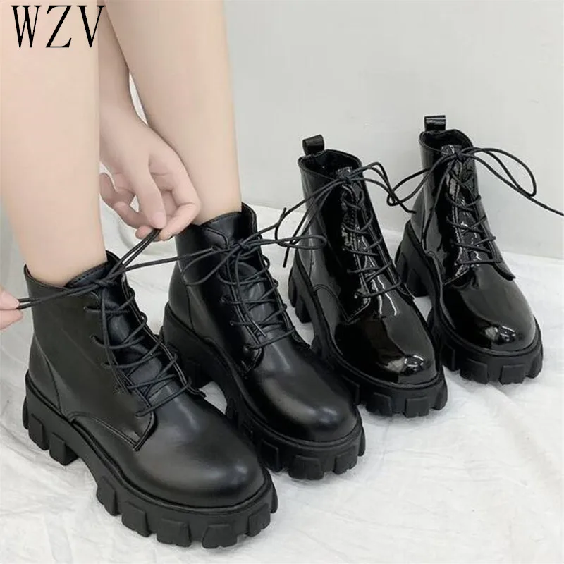 

Chunky Motorcycle Boots for Women Winter 2019 Martin Boots Fashion Round Toe Lace-up Combat Boots Warm Ladies Boots G03