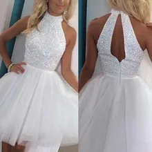 Блестящее Сверкающее платье для выпускного вечера А-силуэта/принцессы без рукавов с бретелькой через шею, бисероплетение, Тюлевое Короткое/мини-платье, вечерние платья