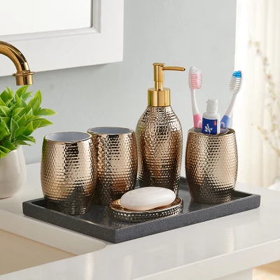 Bathroom Accessories Set Resin Material Soap Dispenser Toothbrush Holder Gargle Cup Bathroom Set Wedding Gifts Gold/Silvery - Color: 6 pieces set