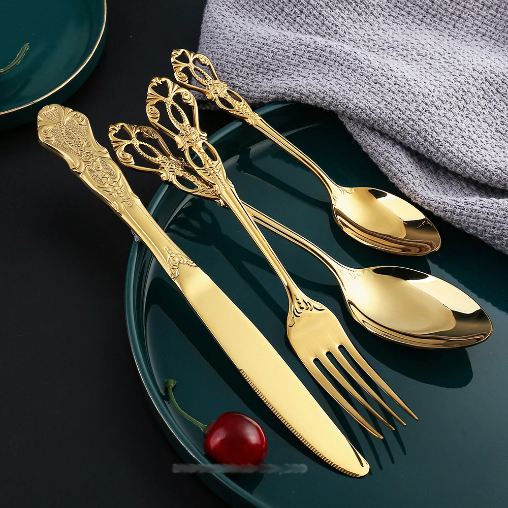 Description Picture 3 of item6pcs Stainless Steel Cutlery Set Gold Dinnerware Royal Tea Spoon Forks Knives Kitchen Western Dinner Silverware Tableware Gift