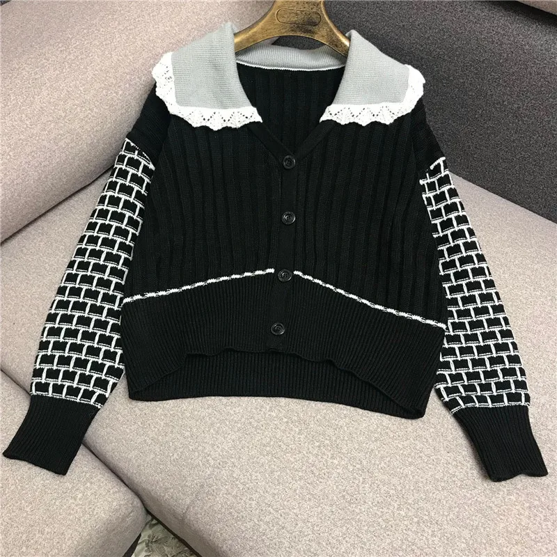 

Luxury Designer Brand Knitted Cardigans for Women Vintage Peter Pan Collar Patchwork Handwork Crochet Knitted Sweater