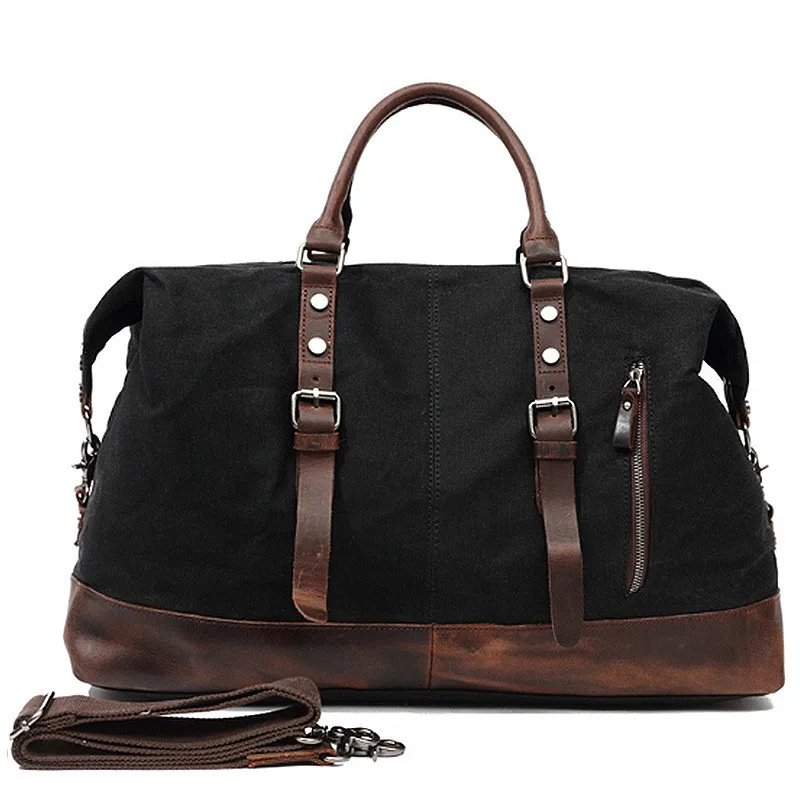 Черный Waterproof Canvas with Leather Big Travel Bags Vintage Military Duffle Handbag Carry on Traveling Large Luggage Tote Bag Weekend - Цвет: Черный