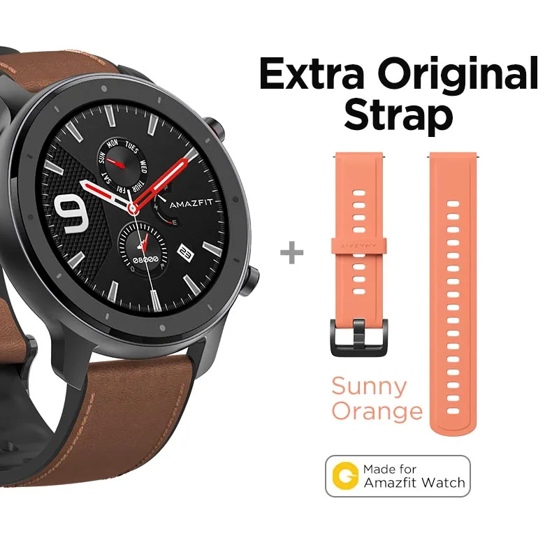 A-Extra Orange Strap Глобальная версия Amazfit GTR 47 мм Смарт-часы 5ATM водонепроницаемые Смарт-часы 24 дня батарея управление музыкой кожаный силиконовый ремешок - Цвет: A-Extra Orange Strap