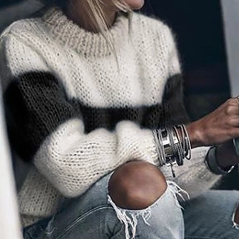 Laamei/вязаный женский Однотонный свитер с высоким воротником, свободные вязаные свитера с рукавами-фонариками, женский осенне-зимний свитер