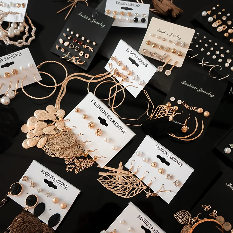 Earrings-Set Crystal-Pearl-Earrings Geometric Fashion Jewelry Bohemian Vintage Womens