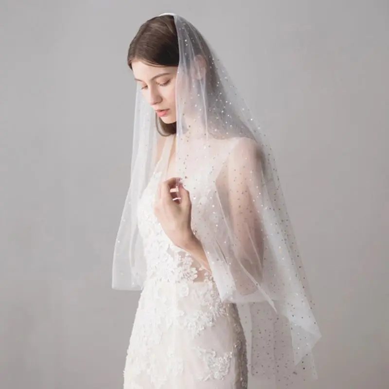 100x120cm One Layer Tulle Ivory Mid Length Wedding Veil Cover Face Gold Star Moon Sequins Bridal Photography Hair Accessories