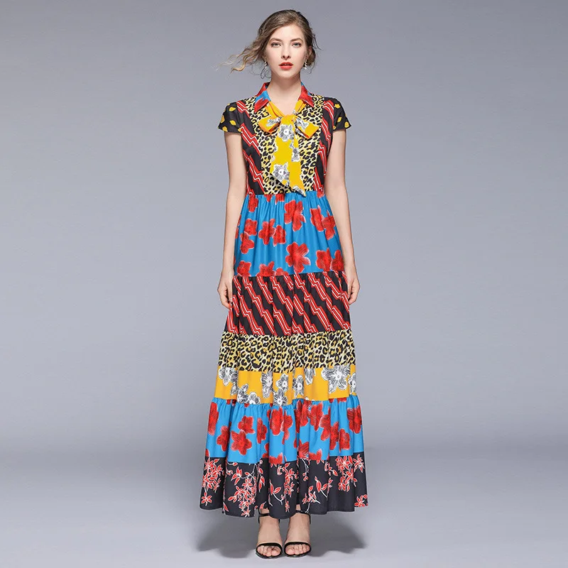 

6227-New Style Europe And America Blended V-neck Leopord Pattern Printed Lace-up Waist Hugging Long National Wind Dress [Photo S