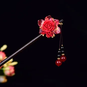 

Ethnic Style Ancient Palace Princess Hair Jewelry Temperamental Red Chalcedony Synthetic Cinnabar Flower Classical Hair Stick