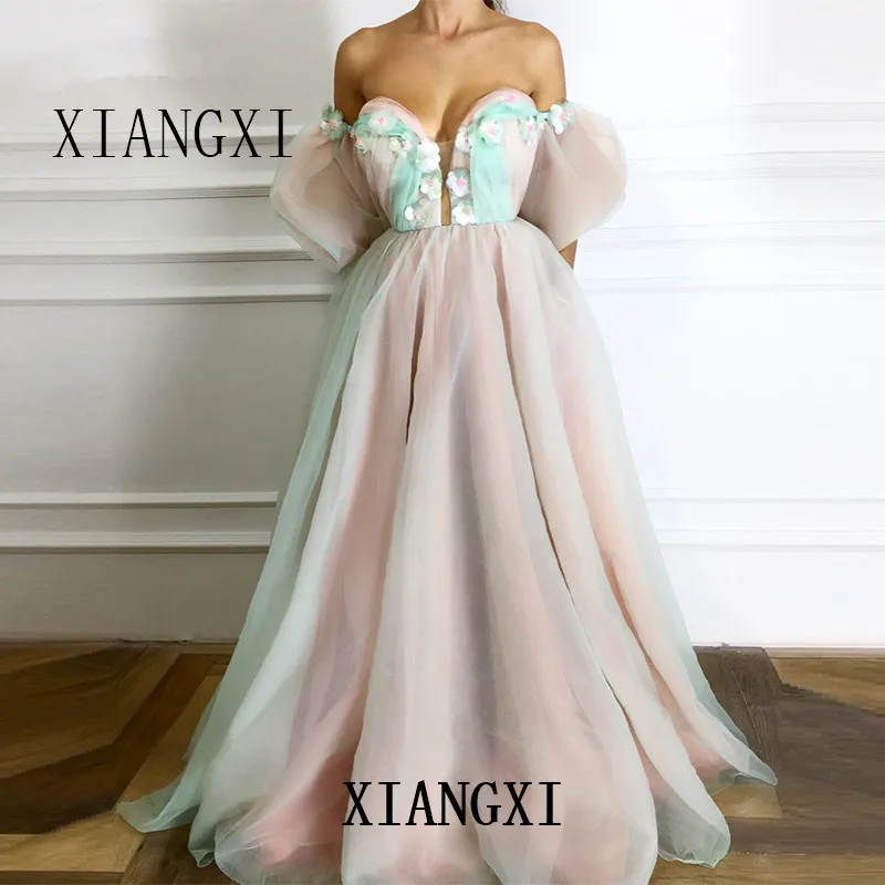 Платья из тюля А-ligne chaire fleurs perles Elegant islamique dubaï caftan saoudien arabe longue robe de s