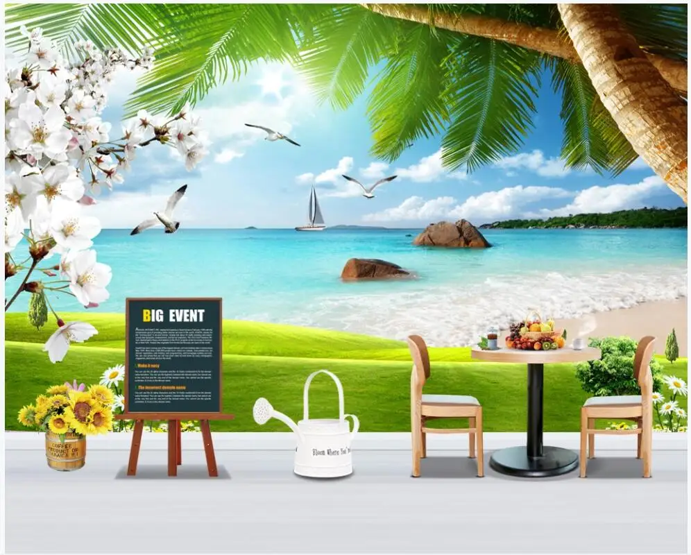 

wall paper 3 d custom mural on the wall Summer sun beach grass coconut tree seagull home decor photo Wallpaper for bedroom walls