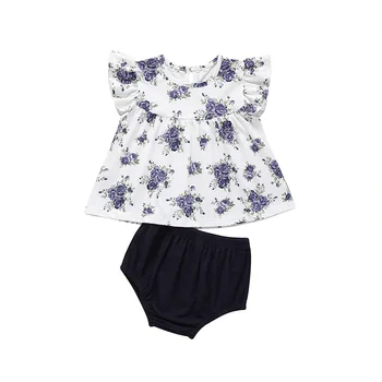 

New Infant Newborn Baby Girl Suit Flying Sleeves Pleated Skirt + Floral Shorts Suit Newborn Girl Infant Girls Clothes Wholesale