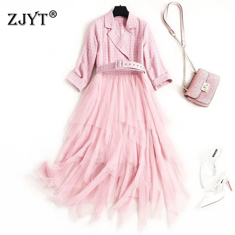 

2020 New Fashion Spring Women Dress Elegant Lady Turn Down Collar Plaid Print Patchwork Irregular Tulle Office Casual Dress