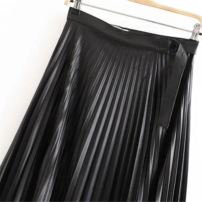Black Faux Leather Pleated Skirt Streetwear Asymmetrical Midi Shirt With Belt Autumn Winter Vintage Elegant Office Skirt