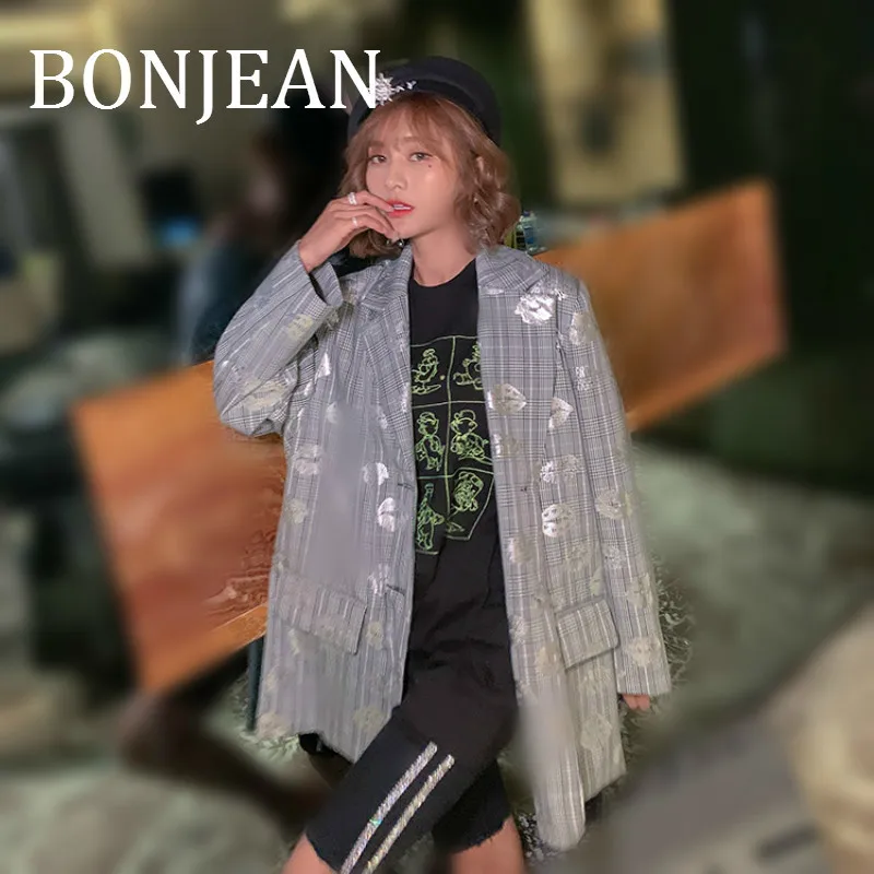 Bonjean/Женская куртка с принтом; коллекция года; осенняя одежда; Chaqueta Mujer; полосатые длинные блейзеры с одиночной пуговицей; Серый Блейзер; пальто; BJ1747