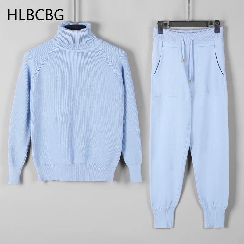 HLBCBG Two Piece Set Women Knit Sport Suits Thick Warm Turtleneck Women Sweater + Drawstring Harem Pants Winter Jogging Outfits pant suit for wedding guest