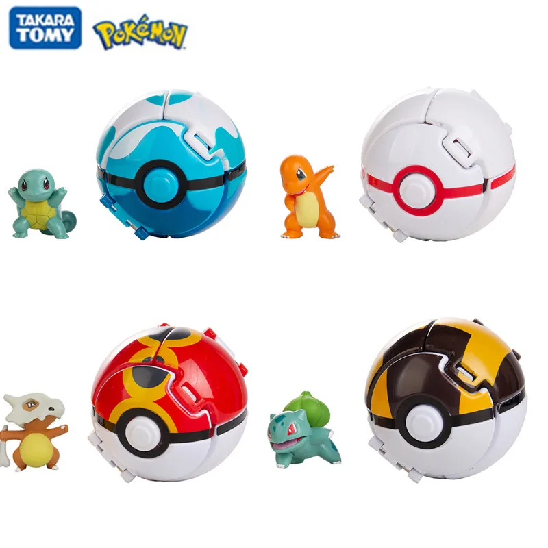 

4Pcs/Set Pokemon Elf Ball Anime Figure Pikachu Bulbasaur Squirtle Cubone Pet ​Pokeball Deformation Model Pocket Monster Toy Gift