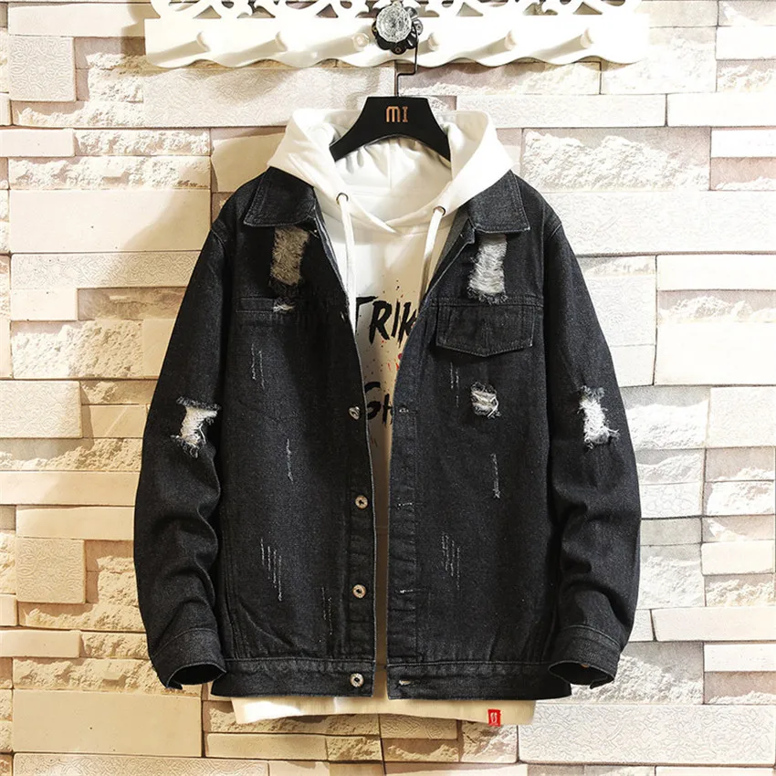 

WAGGIE'S WALKER Spring New Korean Slim Lapel Washed Denim Casual Trend Wild College Style Teen Men's Hole Top