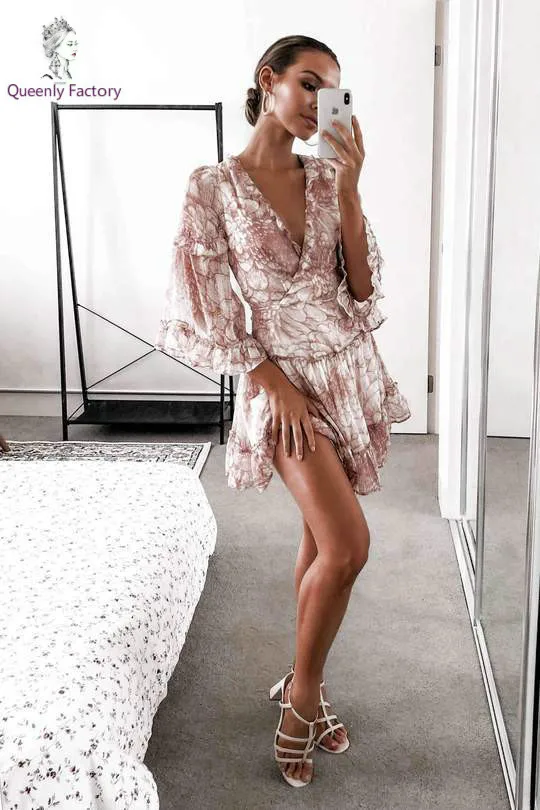 Для Женщин Половина рукава Обёрточная бумага Boho мини-юбки с цветочным рисунком; платье с v-образной горловиной для женщин летний сарафан праздничное v образным вырезом короткий рукав платье с принтом, платье