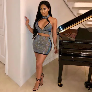 

Halter Diamond Sexy Top Skirt 2 Two Piece Set 2019 Summer Women Fashion Milk Silk Deep V-neck Solid Party Club Streetwear Sets