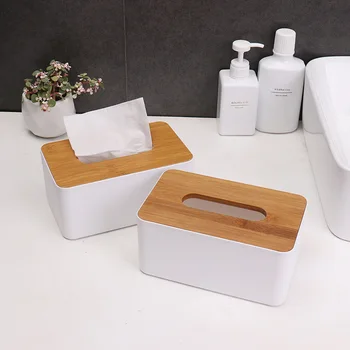 

Plastic Tissue Box Bamboo Wooden Cover Holder with Phone Slot Napkins Container Paper Towel Case Remote Control Debris Organizer