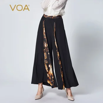 

VOA black heavy silk silk micro-bullet leopard print print stitching casual home fat MM big size fat leg trousers K921