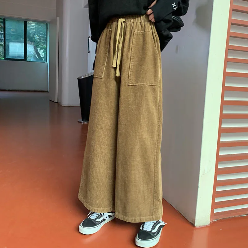 

LANMREM 2020 New Spring Solid Color Lace-up Double Pocket Pants Women Streetwear Loose Corduroy Wide Leg Trousers Tide PD642