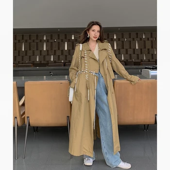 

Runway Design Harajuku khaki trench coat women oversize casual fashion Drawstring Casaco Windbreaker Ladies Long Outwear Coats