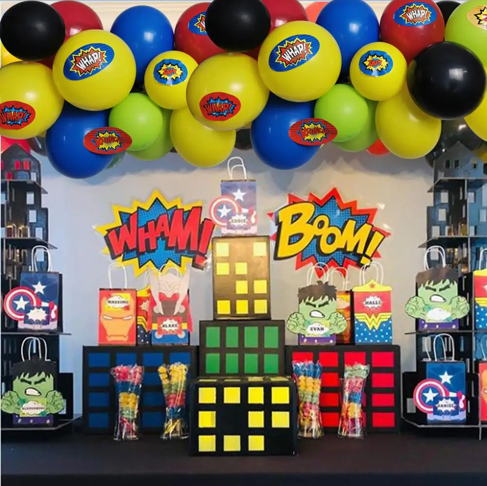 

100Pack Superhero Party Balloons Arch Garland Latex Balloons Kit 18pcs Superhero Stickers for Kids Bday 1st 2nd 3rd 6th Decor