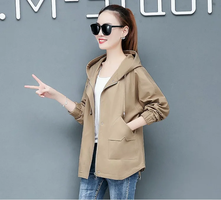 UHYTGF женская одежда Весна Осень Тренч свободный 4XL Плюс Размер Топ Женская мода с капюшоном Повседневная короткая ветровка 942