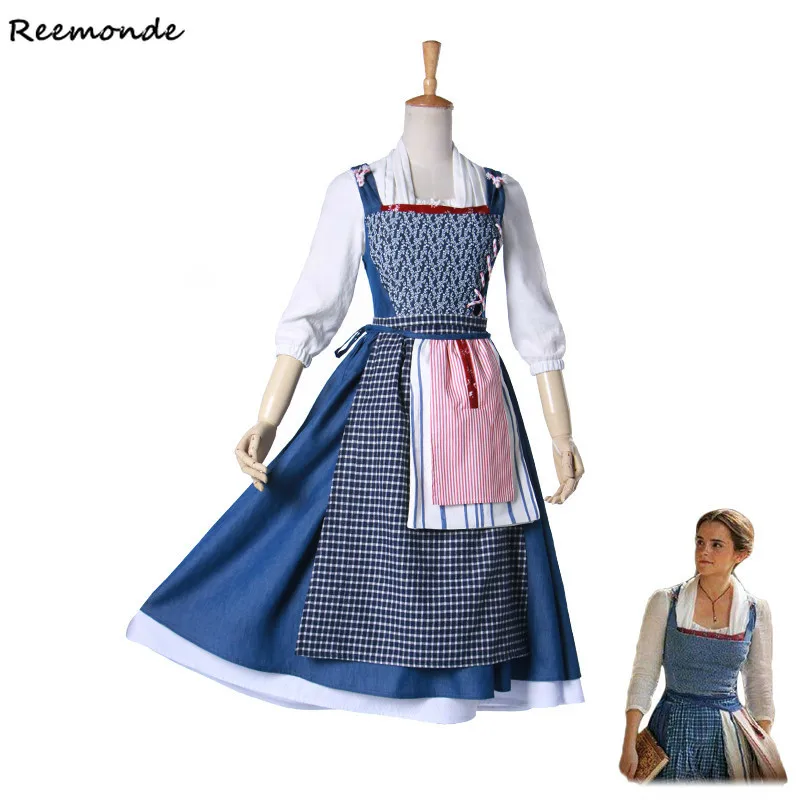 

Movie Beauty And The Beast Princess Belle Cosplay Costumes Girl Village Blue Maid Dress Uniform Halloween Adult Women Party