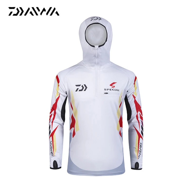Daiwa Мужская одежда для рыбалки с защитой от ультрафиолета Влагоотводящая дышащая на молнии с длинным рукавом Рыбацкая рубашка с капюшоном Camisas Pesca - Цвет: Белый
