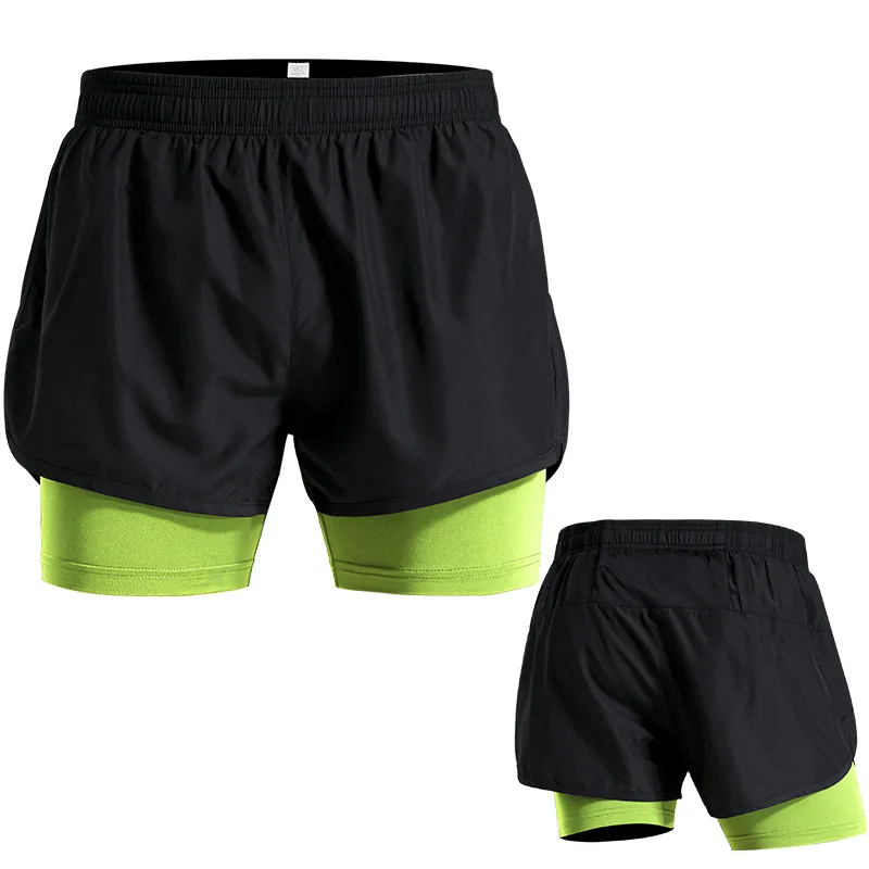 Высокое качество шорты для бега мужские 2 в 1 спортивные шорты для спортзала шорты для фитнеса тренировки шорты для тенниса, футбола, баскетбола мужские шорты - Цвет: Black green