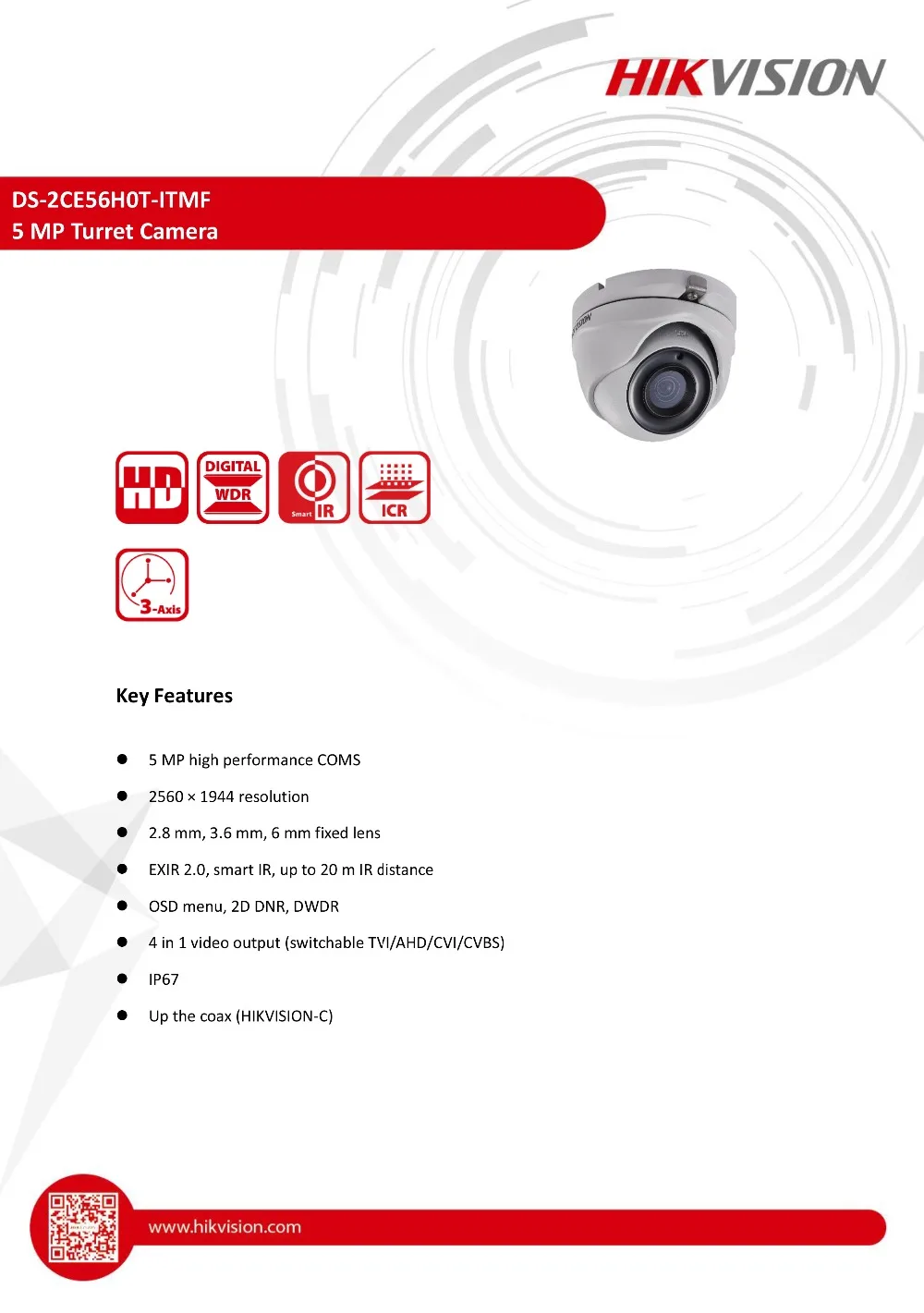 Hikvision DS-2CE56H0T-ITMF 5 мегапиксельный с фиксированным объективом аналоговая револьверная камера для дома/улицы видео выход IP67 IR 20m