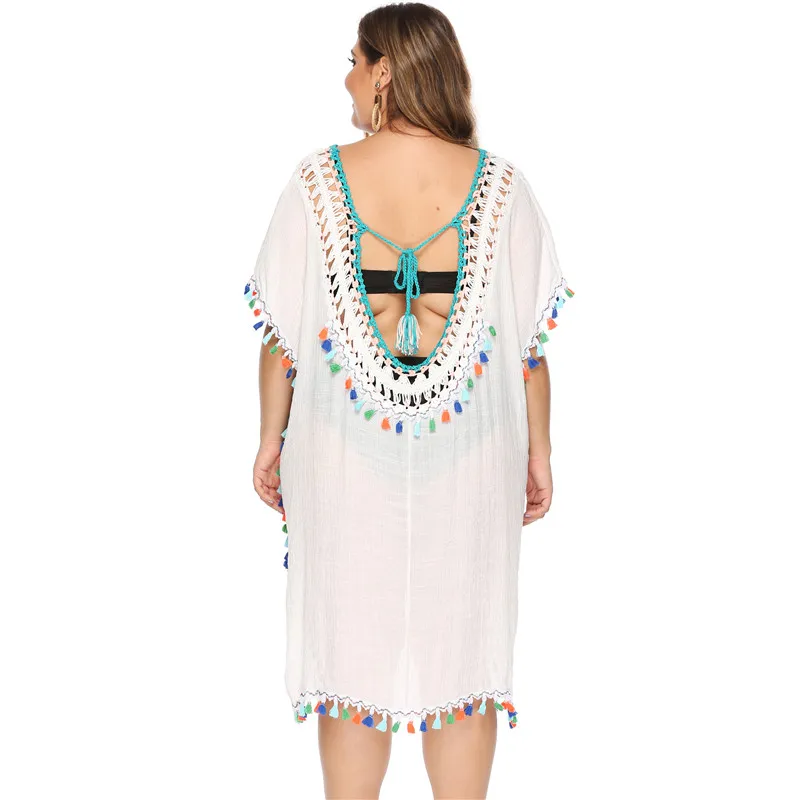 Plus Size Beach Cover Up Crochet Tassel Womens Cover-ups Fringe Long White Dresses 2020 Ladies Black Bathing Suit Ups V-neck 3XL