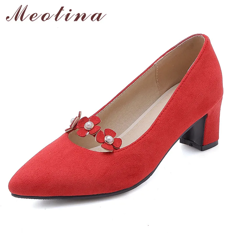 

Meotina High Heels Women Shoes Elegant Flower Thick High Heels Party Shoes Flock Pointed Toe Pumps Ladies 2020 Red Large Size 46