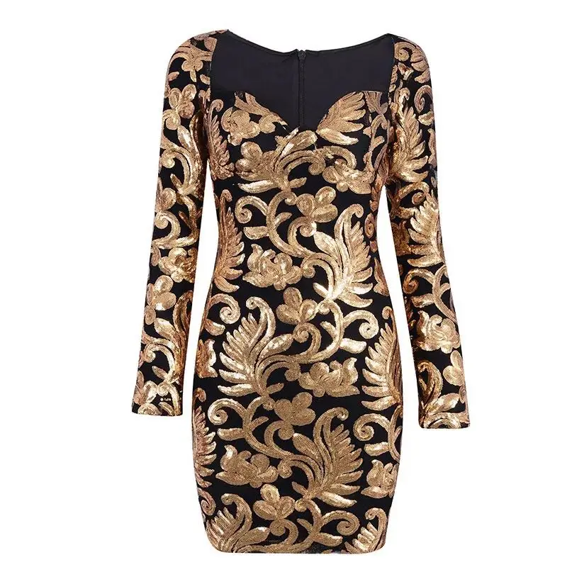 nuevo vestido de fiesta de noche de invierno para mujer elegante сексуальный манга larga lentejuelas Глубокий V oro M