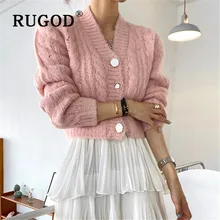 RUGOD вязаный кардиган с v-образным вырезом, однотонный укороченный свитер, женские свитера, Зимние Топы для женщин, Вязанная одежда, модный твист узор, повседневный