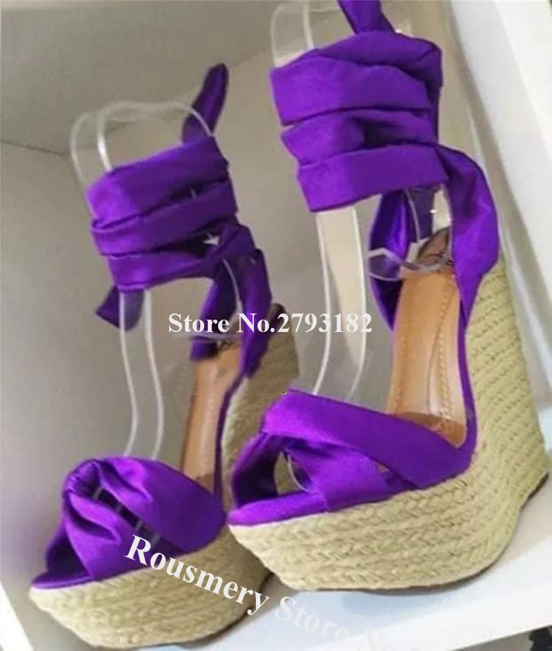

Women Charming Purple Satin FabricHigh Platform Wedge Heel Sandals Rope Weaving Bowtie Lace-up Wedges Party Dress Shoes