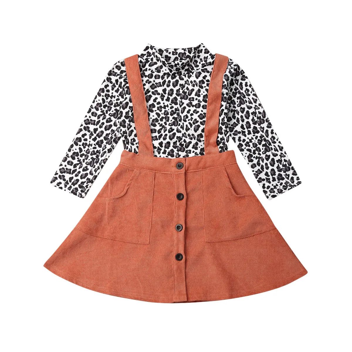 Toddler Kid Baby Girl Clothes Long Sleeve Leopard Top T-shirt Strap Dress Autumn Girls Outfit Set - Цвет: Темно-бордовый