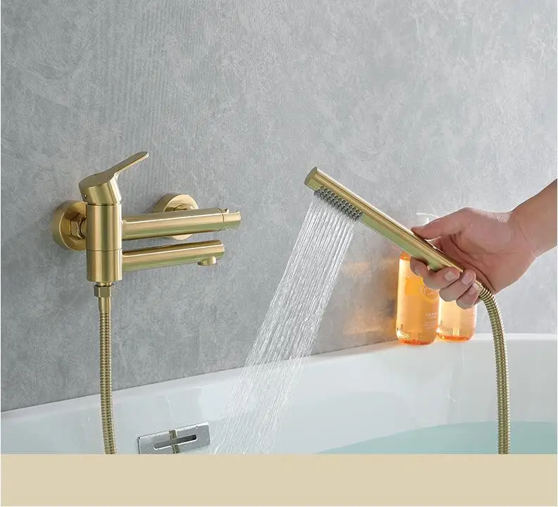 Wall Mounted Brass Bathtub Set Brush Gold Black Foldable Round Tap