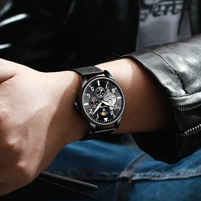 Tevise Новая мода для мужчин автоматические механические часы сталь Tourbillon Скелет наручные часы хронограф наручные часы Relogio Masculino