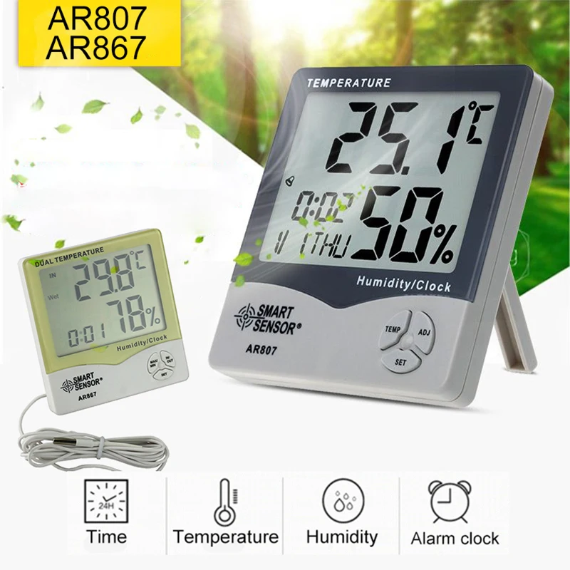 

AR807 LCD Digital Hygrometer Thermometer Outdoor Indoor Large Screen Temperature Meter Humidity Gauge Weather Station With Clock