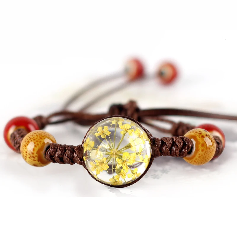 

10 Style Ethnic Handmade Dry Flower Woven Rope Bracelet For Women Adjustable Ceramic String Bracelet Brown Femme Jewelry
